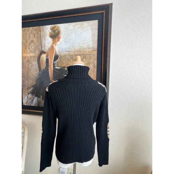 New Burberry Black Ribbed Turtleneck Sweater Plaid Elbow Patches XS (Fits M)